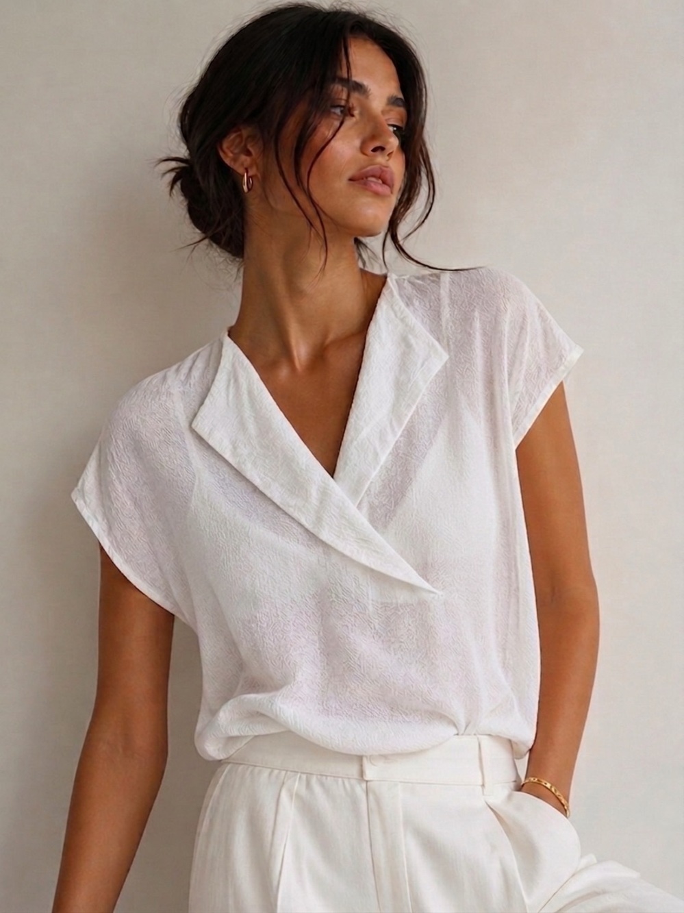 Comptoir Des Cotonniers White Textured Semi Sheer Collar Blouse Extra Large